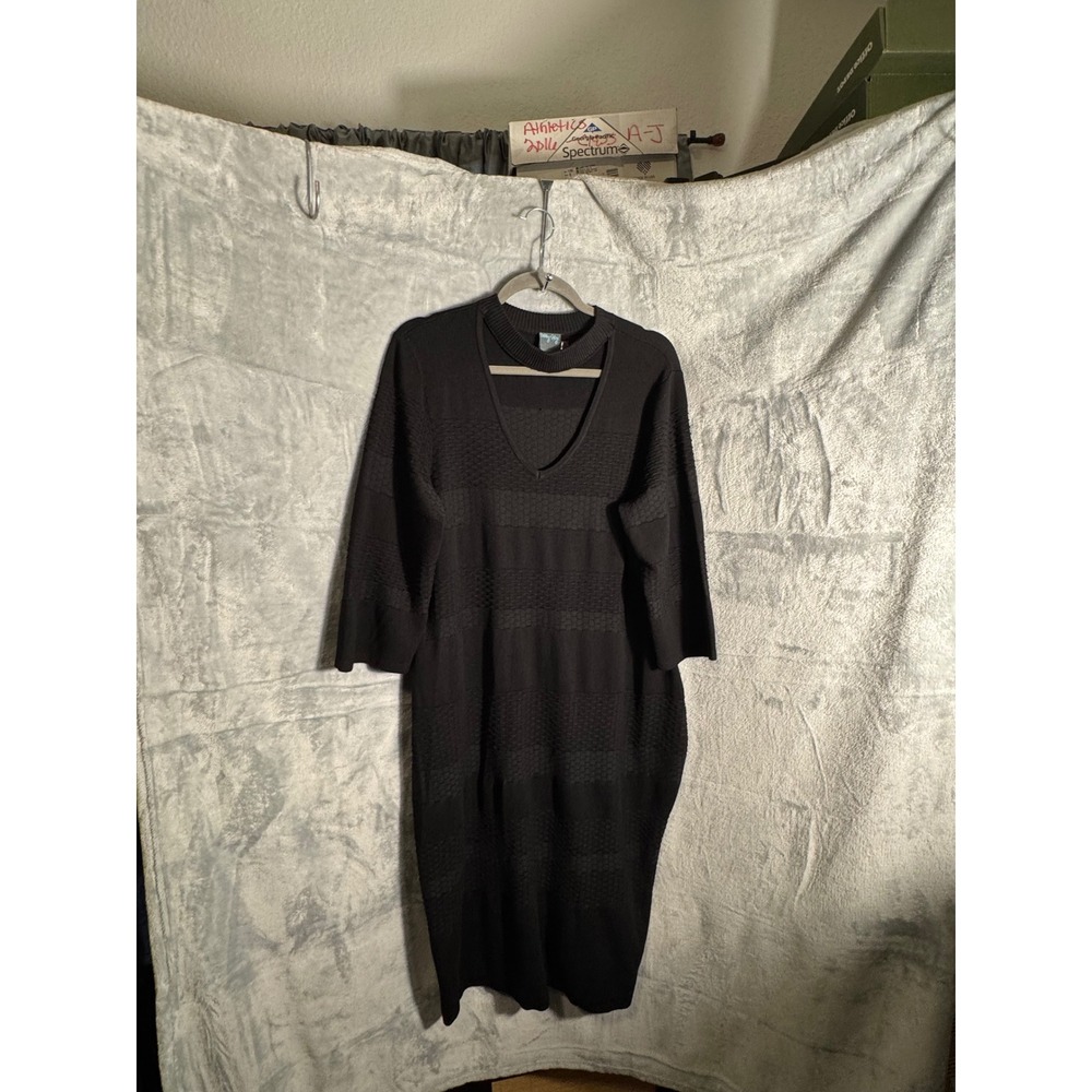 Black Knit V Neck Cutout Midi Dress 3/4 Sleeve Textured Stripes‎ plus size 2X